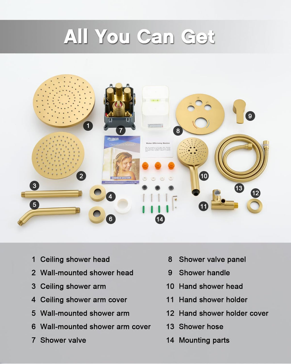 Iriber Shower System with Handheld Spray, Bathroom Round Dual Shower Heads Faucet Set with Push Button Diverter, Brushed Gold Shower Mixer Valve Trim Kit (Valve Included)