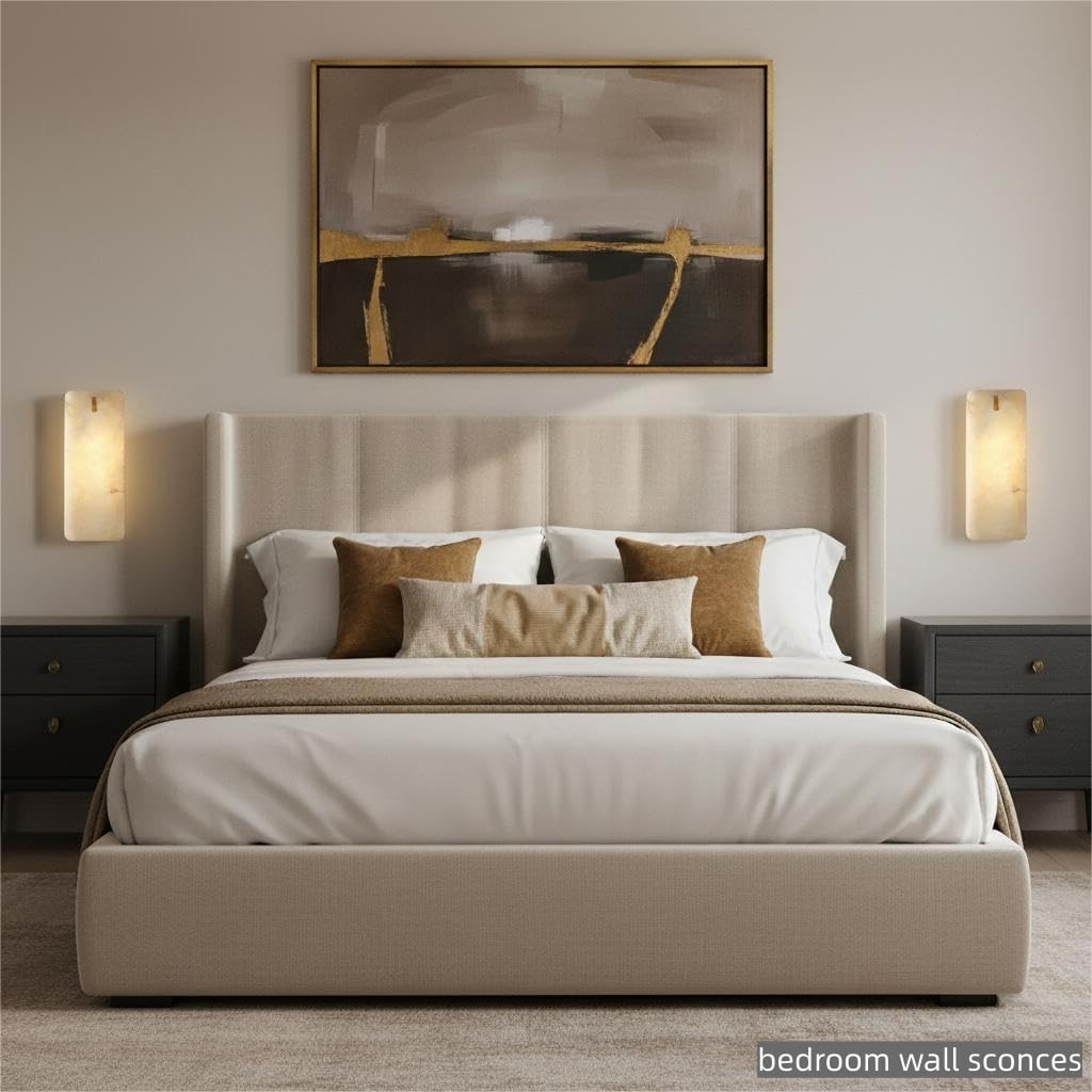 12 Inch Alabaster Wall Sconce, Natural Spanish Stone Brass Gold Wall Light, Modern Marble Sconces Dimmable E12 Hardwired Rectangular Vanity Light Fixture for Bathroom Mirror, Hallway Corridor(1 Pcs)