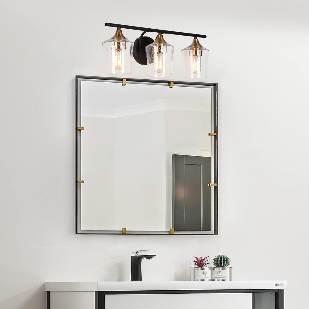 ZEVNI Vanity Light Fixture, 3-Light Bathroom Black and Gold Vanity Light Fixtures with Seeded Glass Shades, 20.5' X 7.5' X 7'