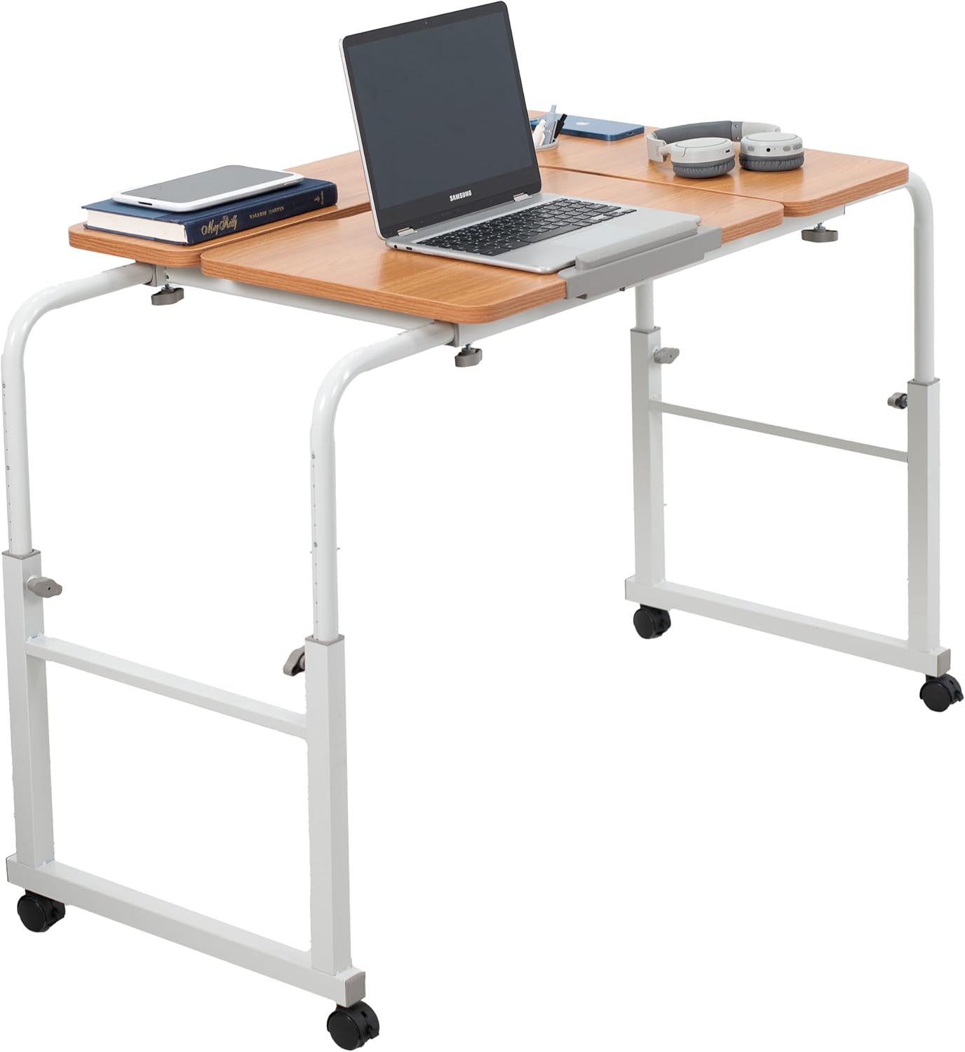 VIVO Mobile Over the Bed and Recliner Table, Tilting Laptop Tray with Height and Length Frame Adjustment, Ergonomic Overbed Kids and Adult Desk on Wheels, Light Wood, DESK-V202A