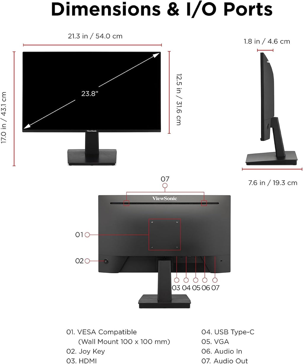 ViewSonic VA2448-MHU 24 Inch 1080p Monitor, IPS Display with 120Hz for Everyday Productivity, Variable Refresh Rate for Home and Office, HDMI, VGA, and USB C Inputs