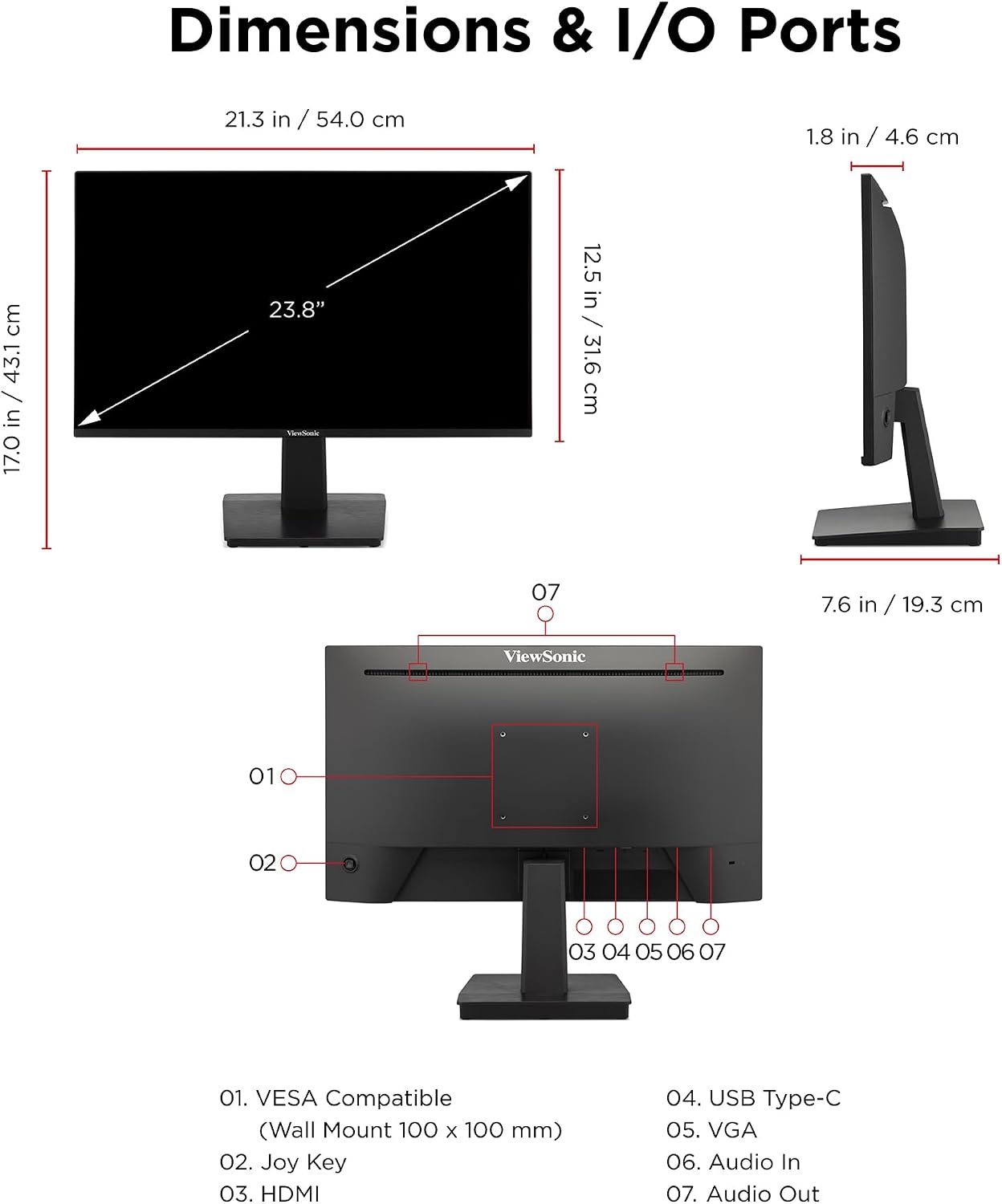 ViewSonic VA2448-MHU 24 Inch 1080p Monitor, IPS Display with 120Hz for Everyday Productivity, Variable Refresh Rate for Home and Office, HDMI, VGA, and USB C Inputs