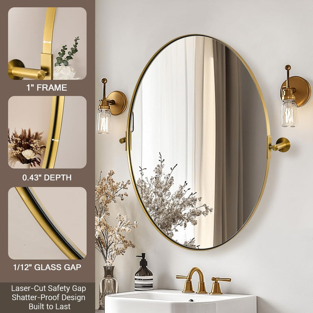 MOON MIRROR Gold Oval Mirror, Oval Pivot Mirror for Bathroom, Brass Oval Vanity Mirror for Wall, Oval Mirror for Bathroom, Brushed Gold Tilting Bathroom Pivoting Mirror(Overall 25.37' x 30')