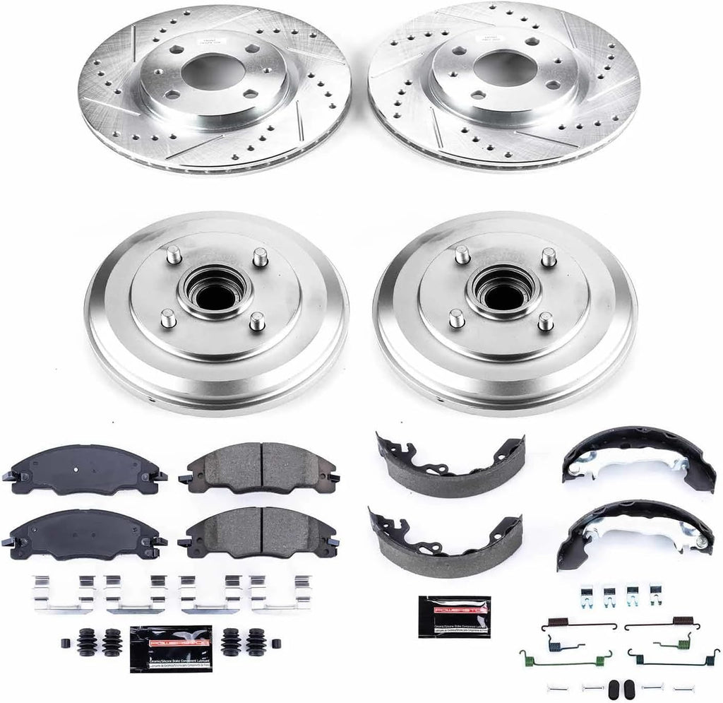 Power Stop K15194DK Front and Rear Z23 Carbon Fiber Brake Pads with Drilled & Slotted Brake Drums Kit For Ford Focus 2009-2011 [Model Specific]