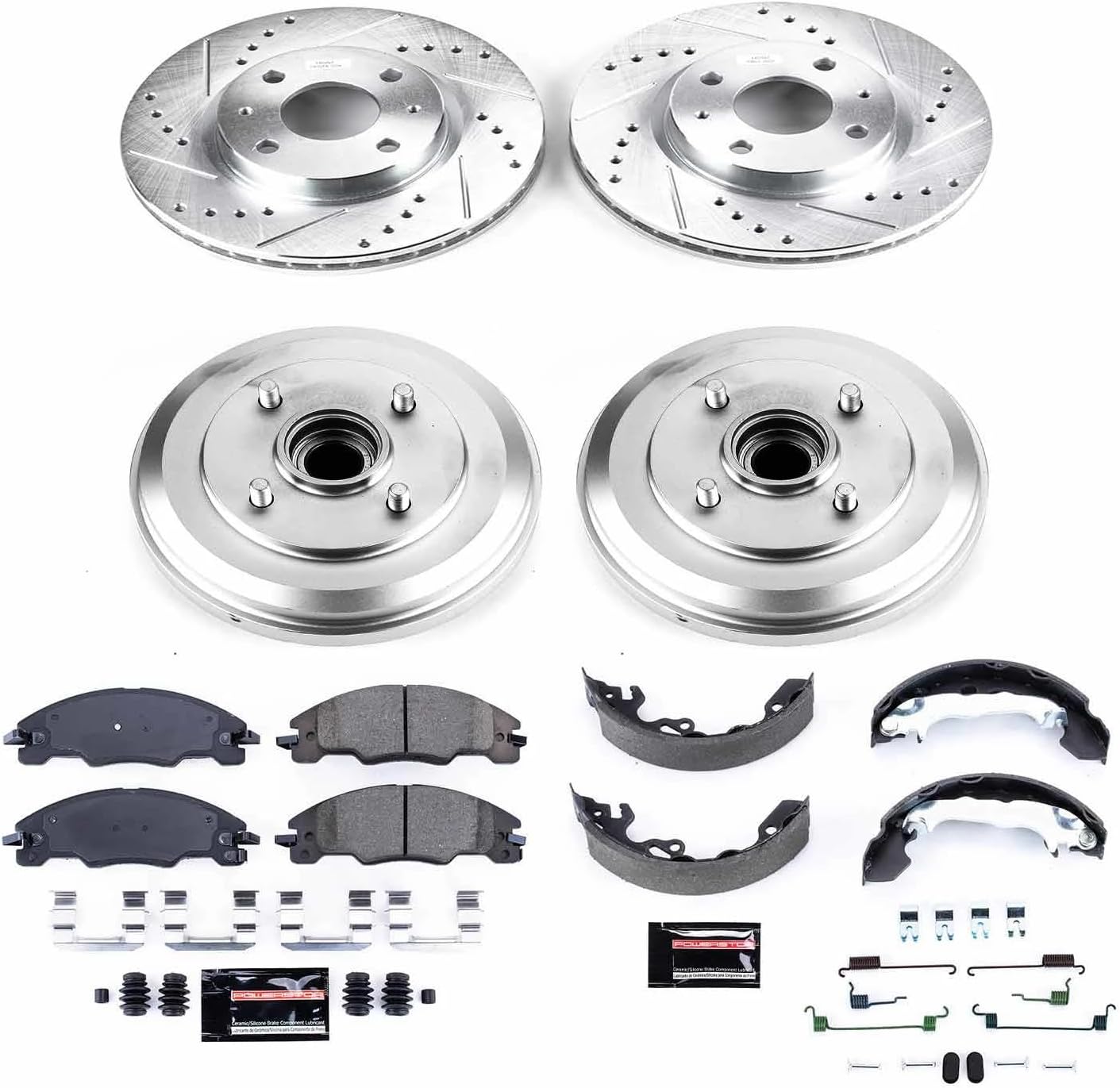 Power Stop K15194DK Front and Rear Z23 Carbon Fiber Brake Pads with Drilled & Slotted Brake Drums Kit For Ford Focus 2009-2011 [Model Specific]