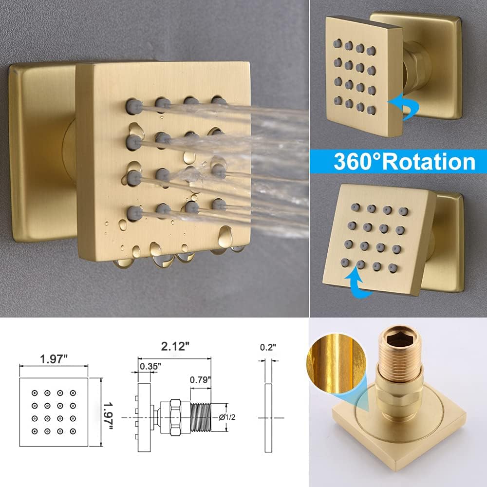 Brushed Gold Rain Shower System - Enga Full Body Spray Shower 12inch Ceiling Rain Showerhead with Body Jets, Thermostatic Modern Shower Combo Set, All Faucet On At The Same Time