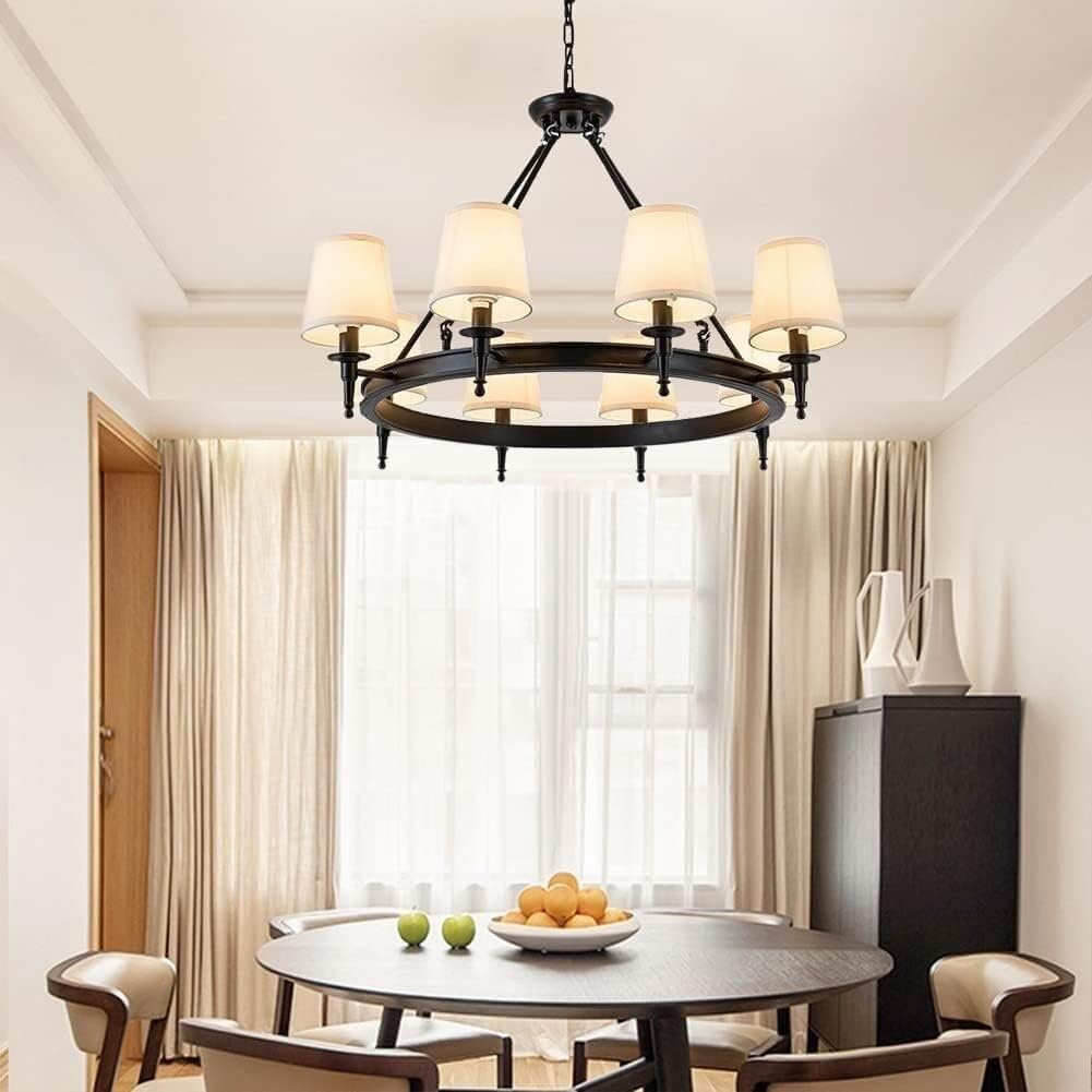 Modern Black Antique Wrought Iron Chandelier White Linen Shades Chain Hanging Lamp,Chandelier LED Ceiling Light