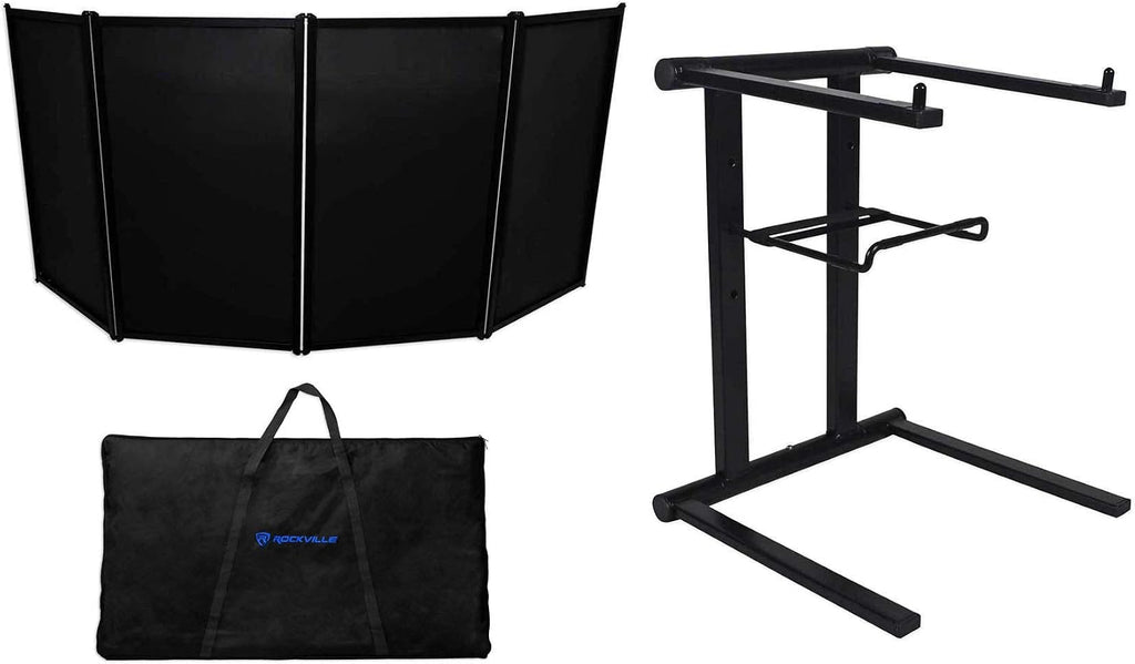 Rockville RFAAB Bundle: 110 in x 47.2 in DJ Event Facade Lightweight Frame Booth with Bag & Scrims, RLS2400 Lightweight Folding DJ Laptop Stand with Extra Shelf & Travel Bag, 2-Items