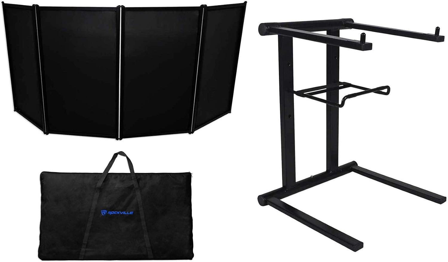 Rockville RFAAB Bundle: 110 in x 47.2 in DJ Event Facade Lightweight Frame Booth with Bag & Scrims, RLS2400 Lightweight Folding DJ Laptop Stand with Extra Shelf & Travel Bag, 2-Items