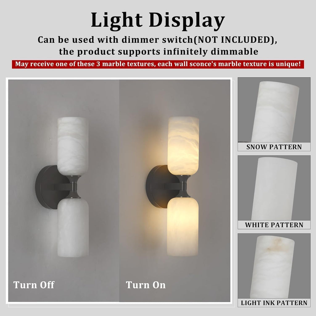 14in Modern Spanish Natural Marble Bathroom Vanity Sconces, Alabaster Wall Sconces Set of Two, Black Alabaster Sconce Wall Lighting, Black Wall Light Fixtures Decor