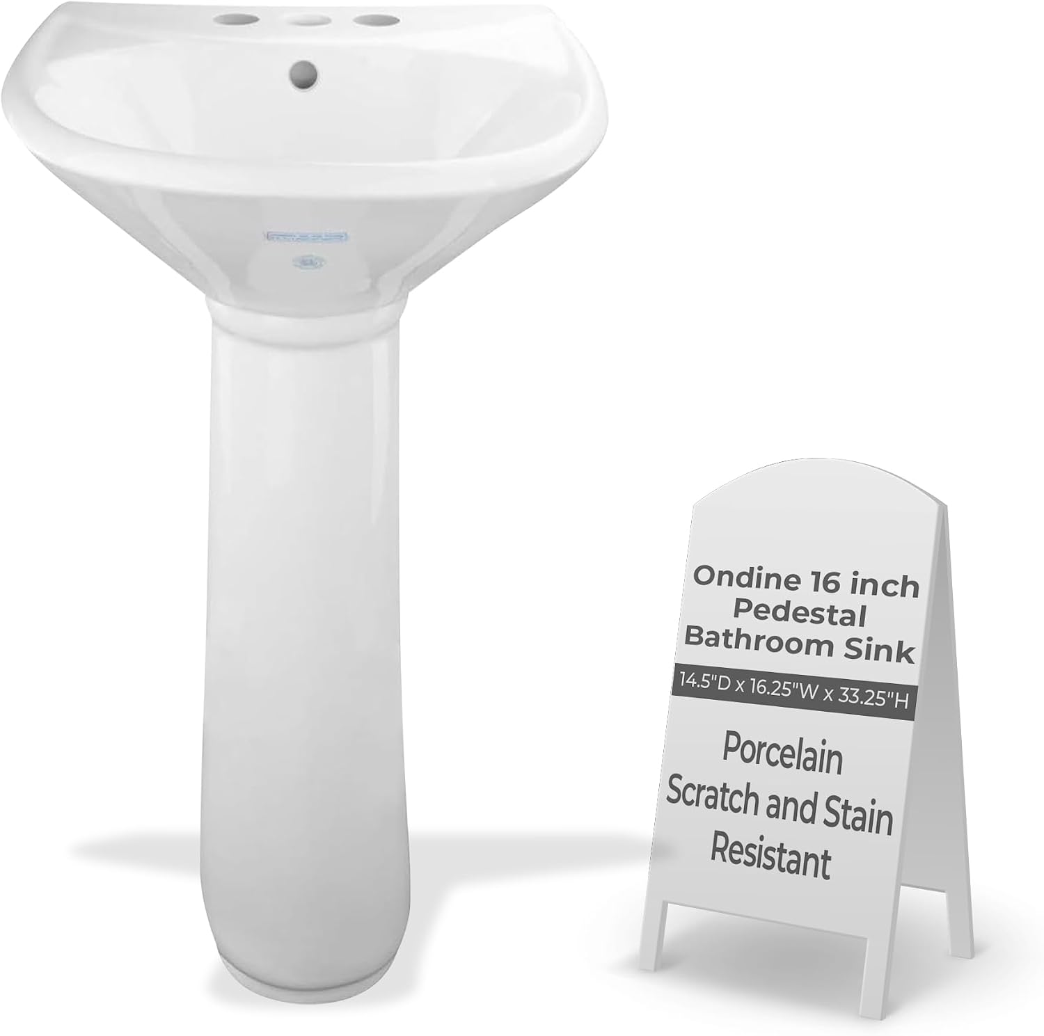 Renovators Supply Manufacturing Ondine Space Saving 16' W x 33' H x 14.5' Proj. Small Bathroom Pedestal Sink, Vitreous China, with Overflow, Compatible with 4 in. Centerset Faucets