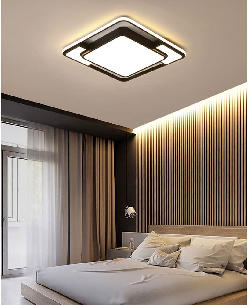 Modern Black and White Square Wrought Iron Ceiling Lamp,LED Flush Mount Ceiling Light,Thin Three-Color dimming Ceiling Light,Bedroom, Study,Lighting fixtures