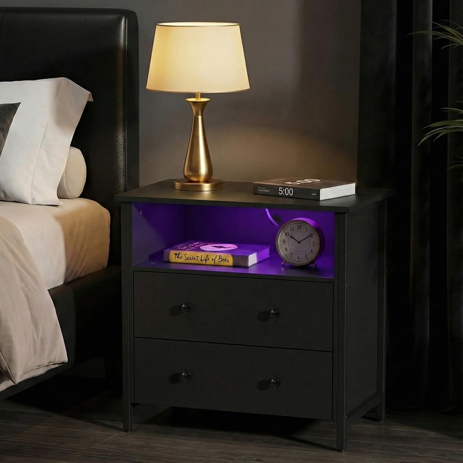 27 Inch Wide Night Stand, Large Wood Night Stand Set 2 with 2 Drawers, LED Nightstand with Charging Station and Adjustable Drawer, Bedside Table for Living Room/Bedroom/Study/Office, Black.