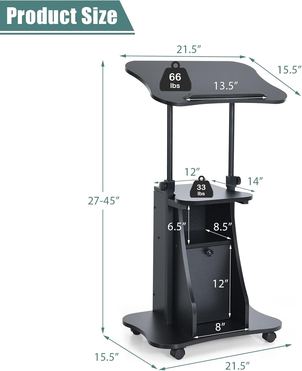 COSTWAY Mobile Lectern Podium Stand, Rolling Laptop Cart w/ 180° Tilting Tabletop, Storage Compartments & Lockable Casters, Sit-to-Stand Computer Workstation for Home, Office, School (Black, Set of 2)