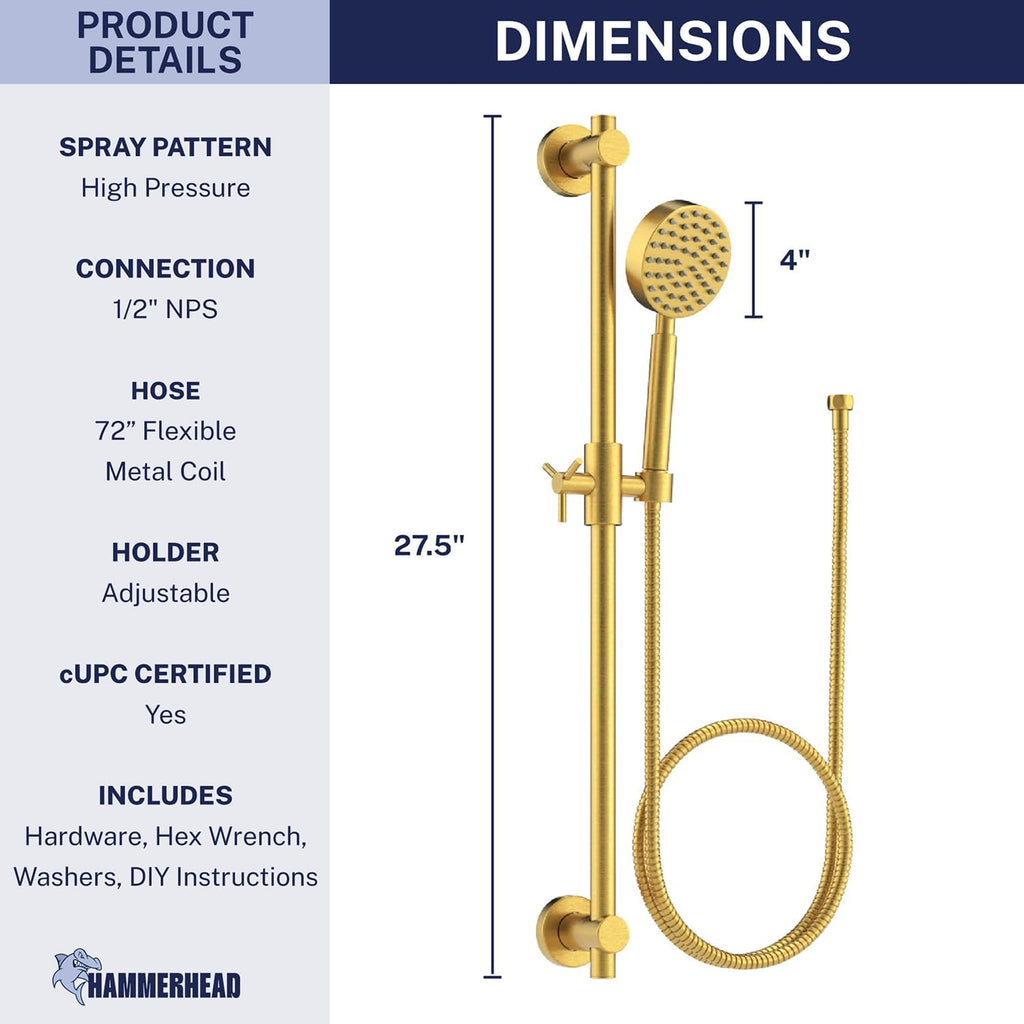 HammerHead Showers® Solid Metal 27.5 Inch Shower Slide Bar Set and Handheld Shower Head with Hose — BRUSHED GOLD — 1.75 GPM Low Flow Spray Wand — Easily Adjust Height & Angle of Handshower