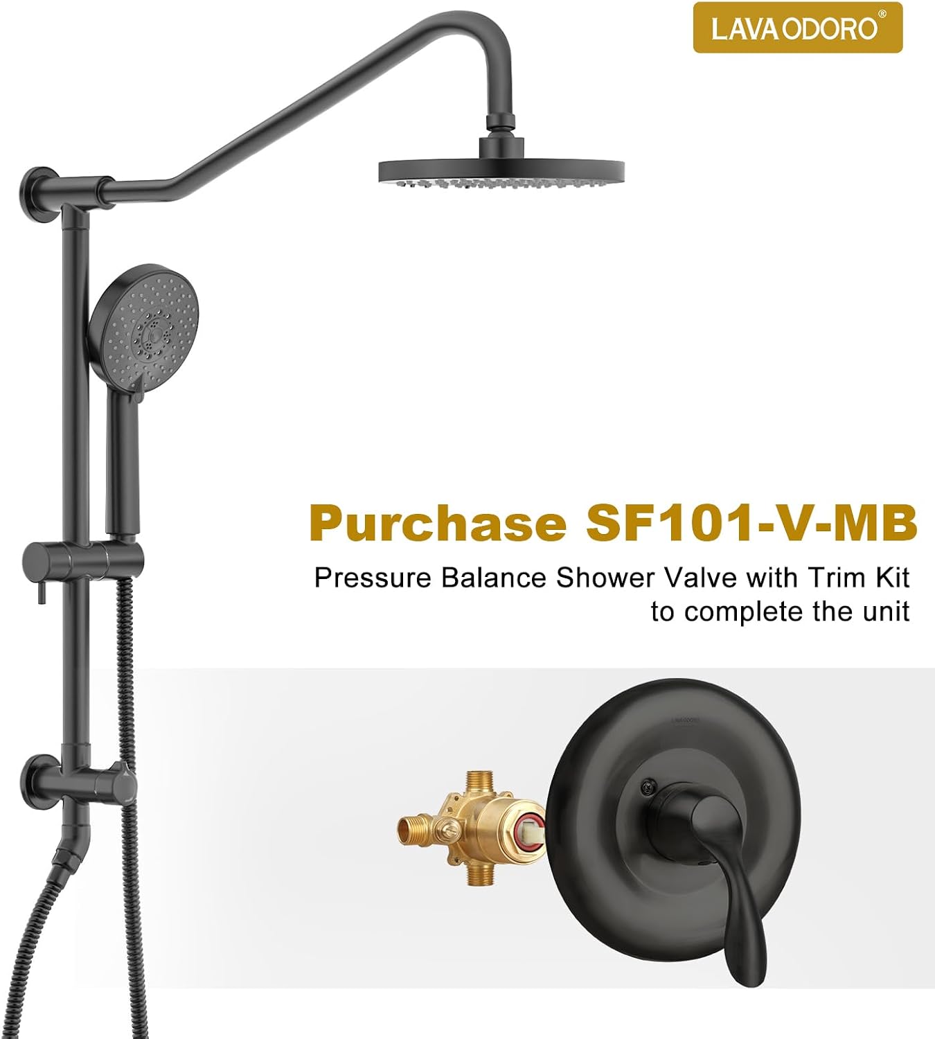 Lava Odoro 5-Function Retrofit Shower System with Rain Showerhead and Handheld Spray Matte Black, 8'' Rain Shower Faucet, 2.5 GPM, SF101-MB