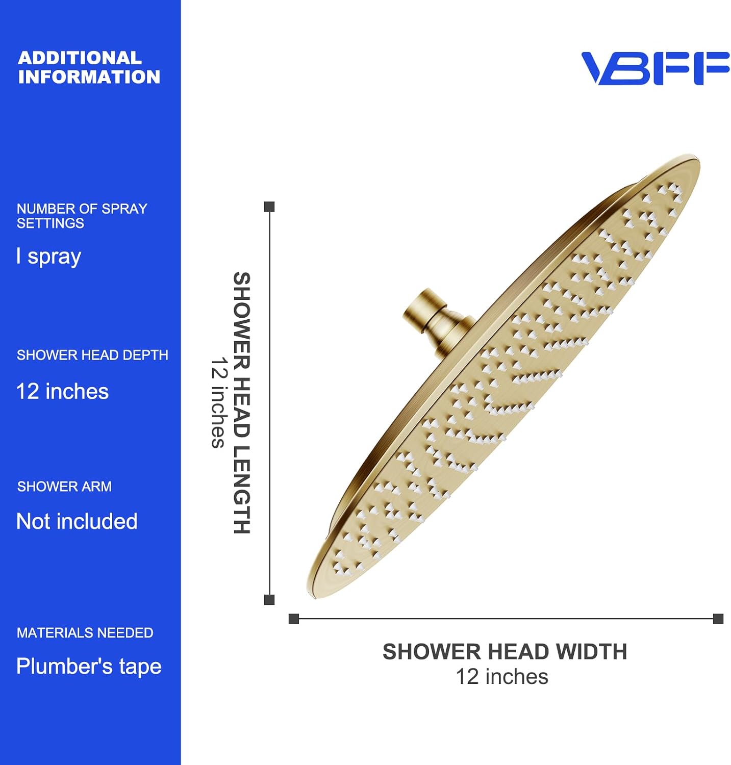 VBFF-Shower Head,rain shower head, 12 inch- Round Shower Head, 1.8 GPM Flow Rate, rainfall showerhead,VBFF13 (Brushed Gold)