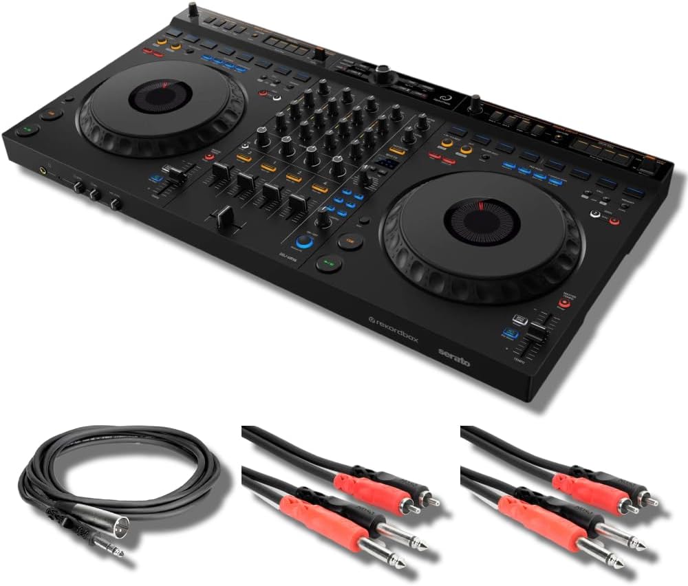 DDJ-GRV6 4-Channel DJ Controller with 2x Hosa CPR-203 Dual 1/4' to Dual RCA Cables and Hosa STX-105M 1/4' TRS to XLR Cable
