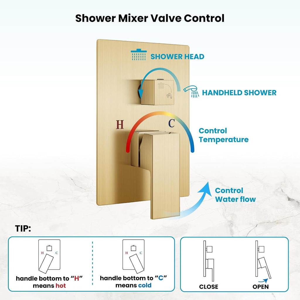 gotonovo Rainfall Bathroom Shower System Rain Shower Head and Handle Set Wall Mounted Shower Complete Combo Solid Brass Pressure Balancing Shower Mixer Valve 8 Inch Brushed Gold