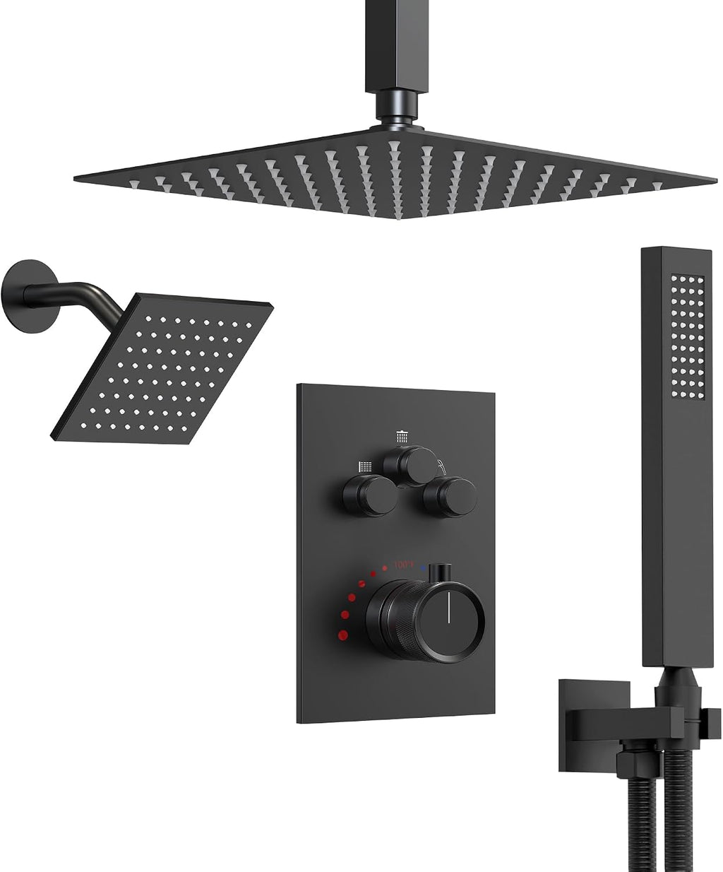 Ceiling Mount 12' High-Pressure Rainfall Shower Faucet, Dual Rainfall Shower Head System with Valve (Matte Black)