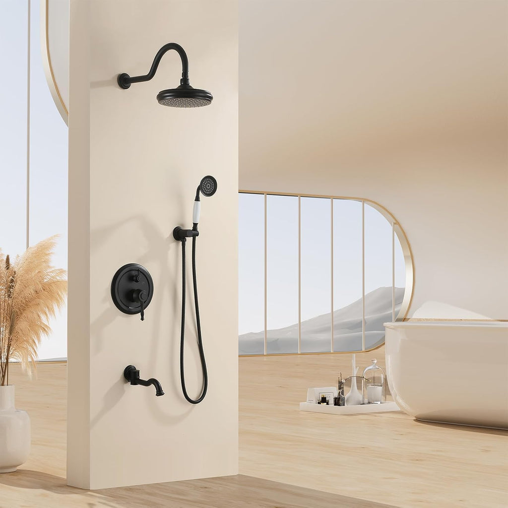 Shower Systems with Handheld Sprayer,3 Functions Shower Faucet Sets Wall Mounted,Shower Fixture with Brass Valve,Complete Shower System Kit with Foldable Tub Spout (Matte Black)