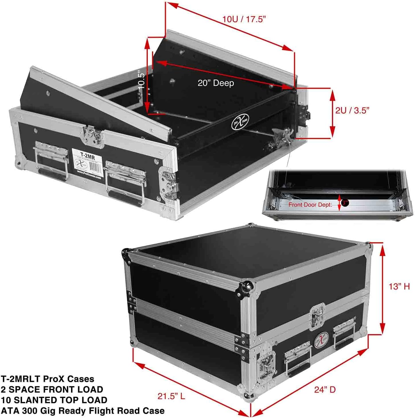 ProX Cases T-2MRLT 2U Rack x 10U Top Mixer DJ Combo Flight Case with Laptop Shelf