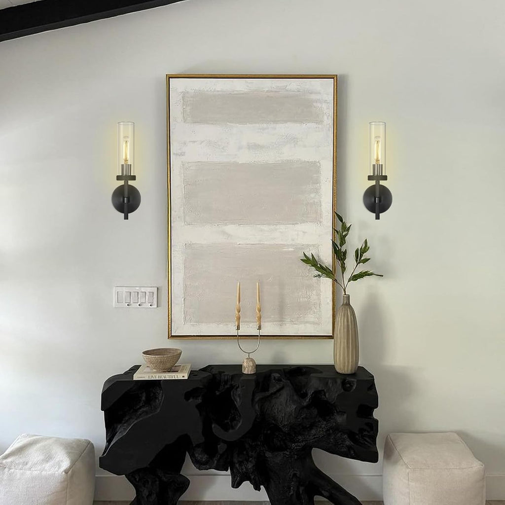 Black Wall Sconces Set of Two, 14' Bathroom Vanity Sconce Light, Glass Tube Wall Sconces, Sconces Wall Lighting Indoors, Wall Lights for Mirror, Living Room, Bedroom, Hallway (including bulb)