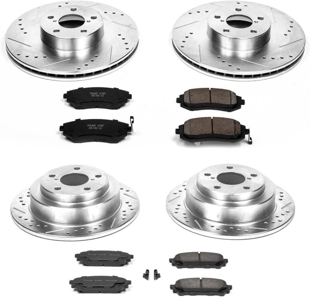 PowerStop Front and Rear Brake Kit for Saab 9-2X 2005-06 |Subaru Forester 2004-08 |Impreza 2003-05 - Drilled and Slotted Disc Rotors with Carbon-Fiber Ceramic Brake Pads Replacement, K2376