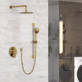 MONDAWE 9 Inch Wall Mounted Shower Faucet Set in Brushed Gold, Rainfall Shower Head with 3-Setting Handheld Spray Shower Set Combo, High Pressure Shower System with Solid Brass Valve