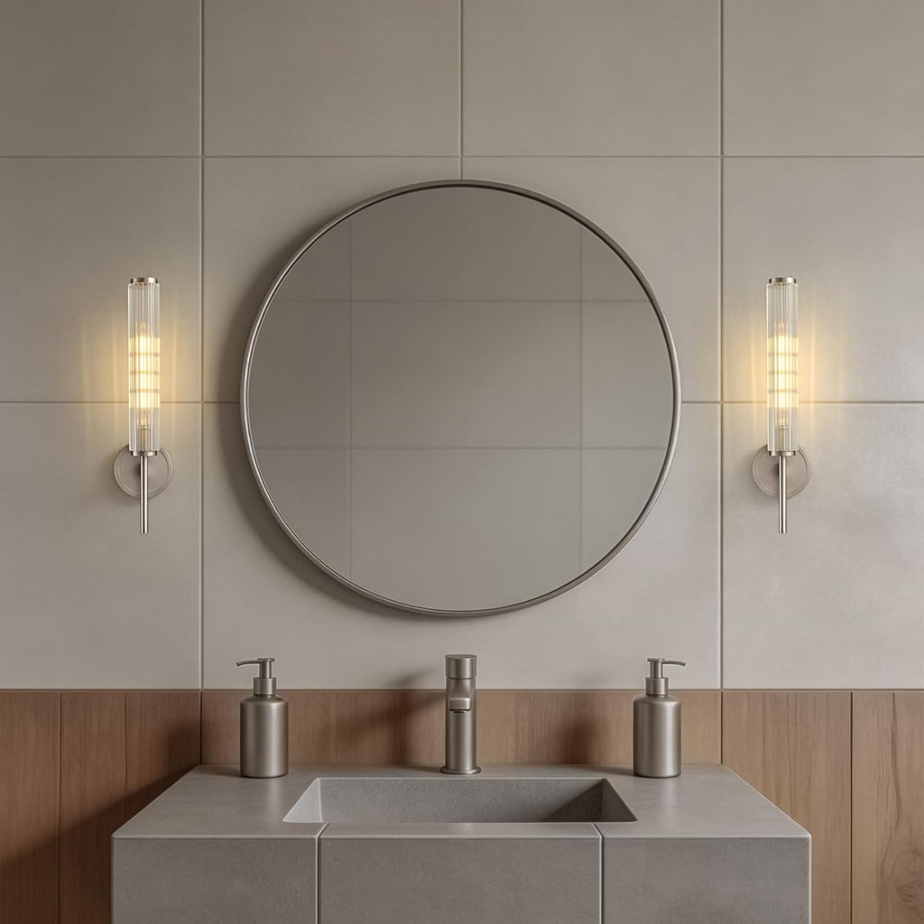 Brushed Nickel Wall Sconce with Ribbed Groove Glass Tube - 18.9' Solid Brass Material Wall lamp Includes Bulbs - Modern Wall Sconces for Bathroom, Living Room, Hallway, Staircase, Mirror