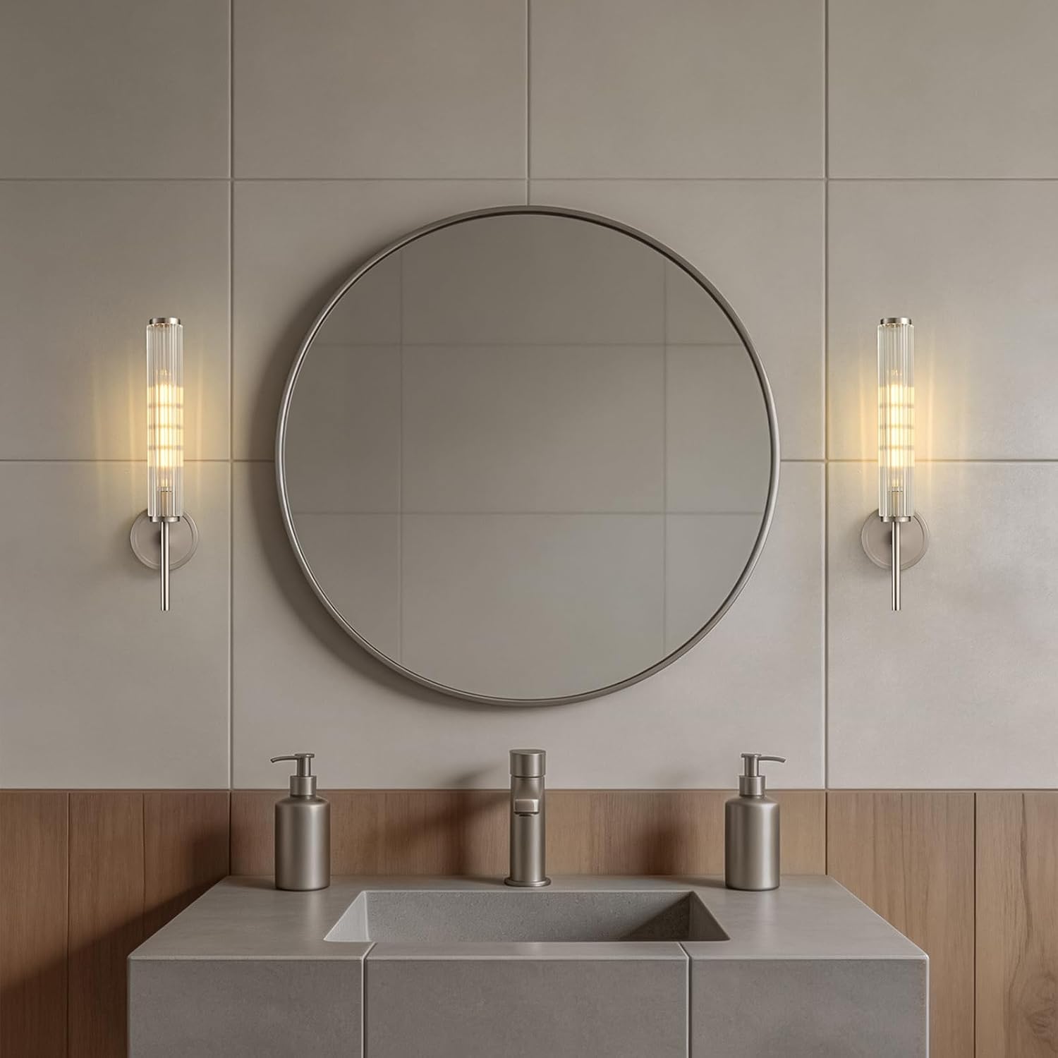 Brushed Nickel Wall Sconce with Ribbed Groove Glass Tube - 18.9' Solid Brass Material Wall lamp Includes Bulbs - Modern Wall Sconces for Bathroom, Living Room, Hallway, Staircase, Mirror