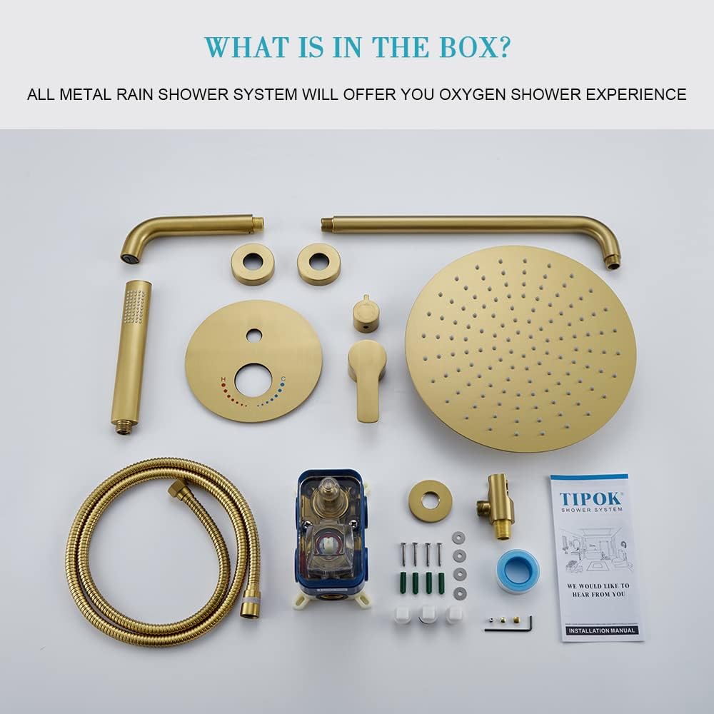 Gold Shower Faucet Set with Tub, High-Pressure Bathroom Brushed Gold Rain Shower Fixture Has 12 Inch Shower Head and Tub, Rainfall Gold Shower System