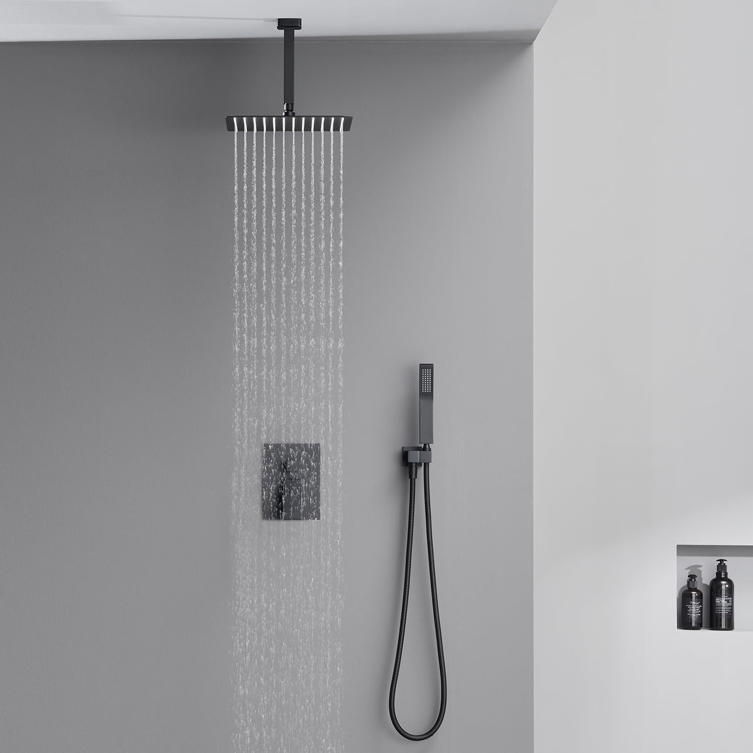Shower System 12 Inches Rain Shower Combo Set Black Ceiling Mount Shower Faucet Bathroom Faucets with Rainfall Shower Head and Hand Shower