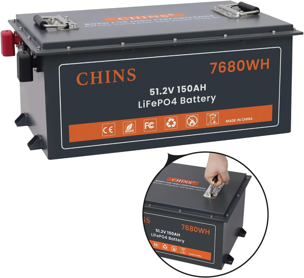 CHINS 48V 150Ah Lithium Golf Cart Battery, Built-in Smart 200A BMS, Includes 48V 18A Charger, 48V Lithium Battery, Max 10.24kW Output 70 Miles Range, Perfect for Golf Cart