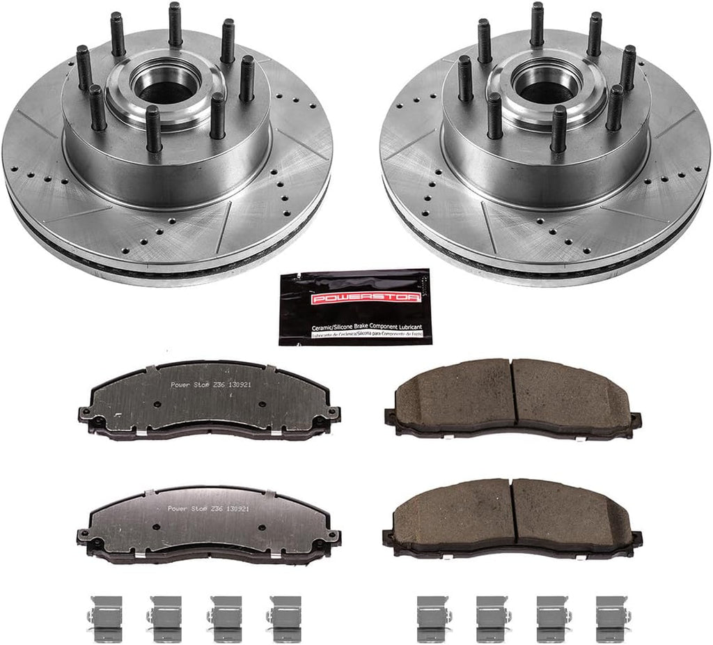 PowerStop Front Brake Kit For Ford F-250 Super Duty 2012-22 | Ford F-350 Super Duty 2013-22 - Truck & Tow Carbon Fiber Ceramic Brake Pads + Drilled & Slotted Rotors Upgrade, K6821-36