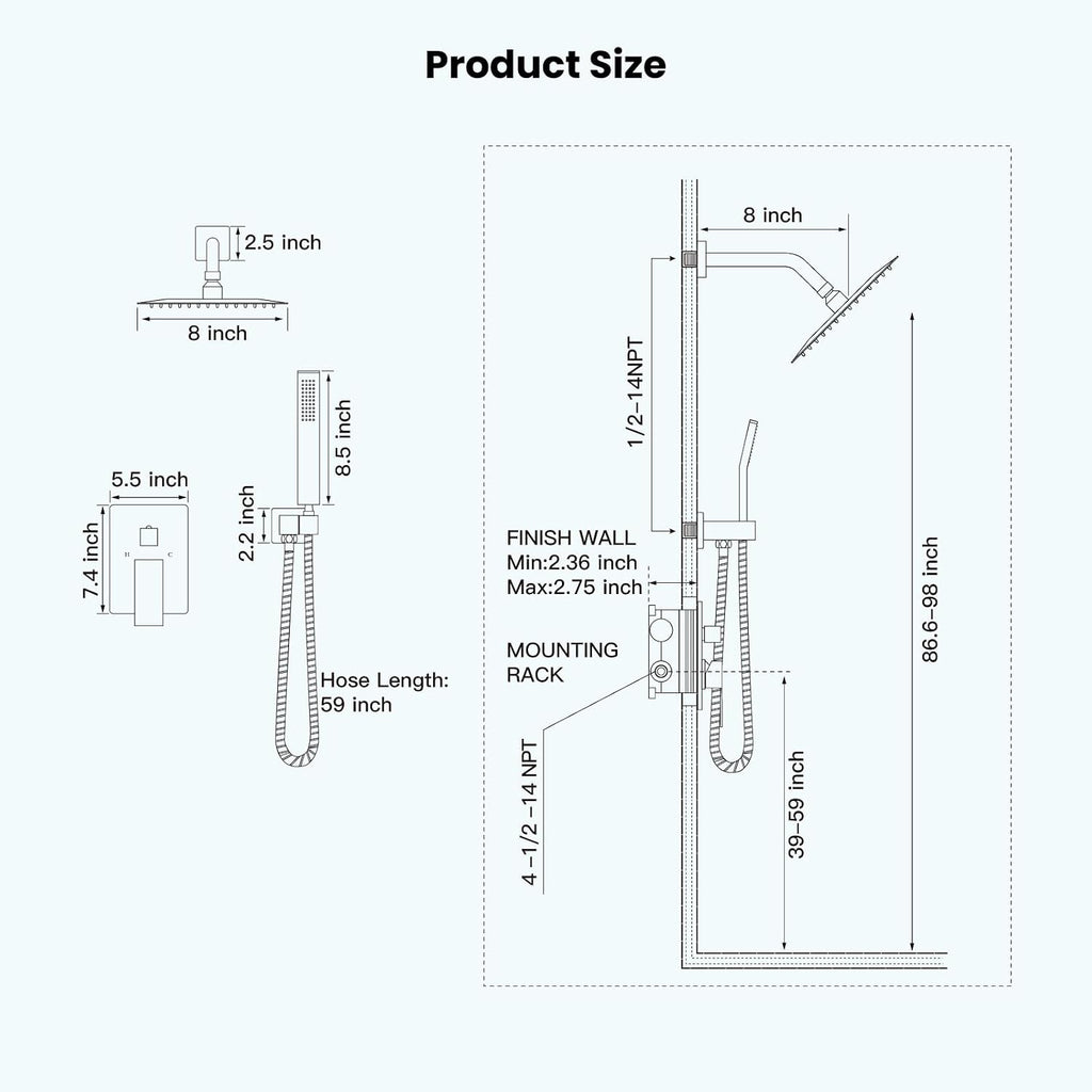 gotonovo Rainfall Bathroom Shower System Rain Shower Head and Handle Set Wall Mounted Shower Complete Combo Solid Brass Pressure Balancing Shower Mixer Valve 8 Inch Brushed Gold