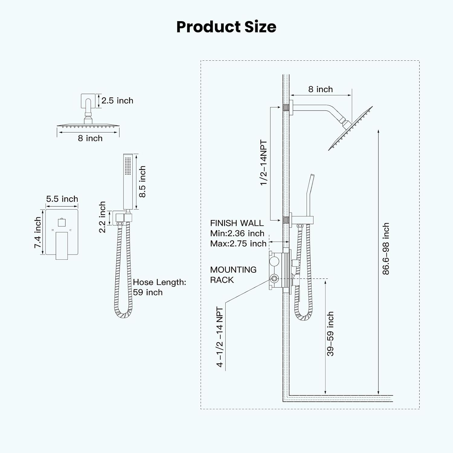 gotonovo Rainfall Bathroom Shower System Rain Shower Head and Handle Set Wall Mounted Shower Complete Combo Solid Brass Pressure Balancing Shower Mixer Valve 8 Inch Brushed Gold
