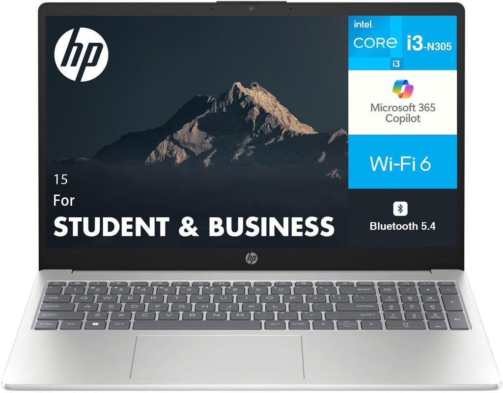 HP 15 Student & Business Laptop 15.6' IPS HD Display (Intel i3-N305, 8GB DDR4, 128GB SSD, Intel UHD, WiFi 6, Webcam, Bluetooth 5.4, Win 11 Home S-Mode) w/DKZ USB Port Expander