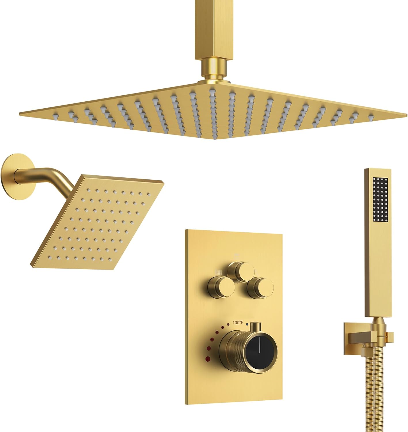 Ceiling Mount 12' High-Pressure Rainfall Shower Faucet, Dual Rainfall Shower Head System with Valve (Brushed Gold)