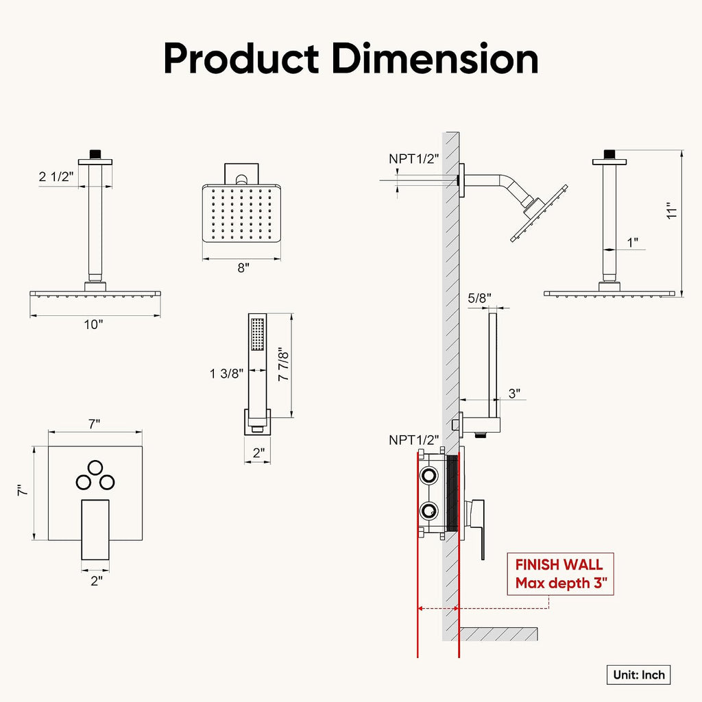 Shower System, Shower Faucet Set with 3 In 1 Push Button Valve, Shower Faucet included 10' Ceiling Shower Head and 8' Wall-Mount Shower Head with Handheld Spray, Brushed Nickel