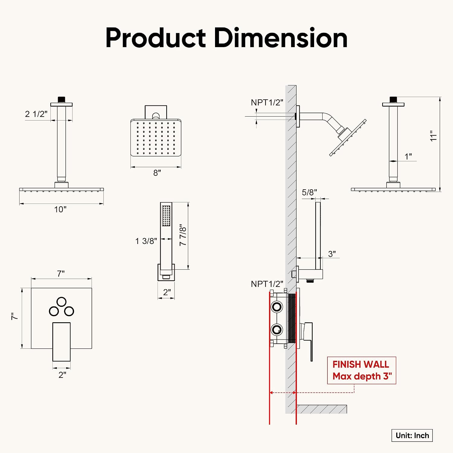 Black Shower System, Shower Faucet Set with 3 In 1 Push Button Valve, Shower Faucet included 10' Ceiling Shower Head and 8' Wall-Mount Shower Head with Handheld Spray, Matte Black