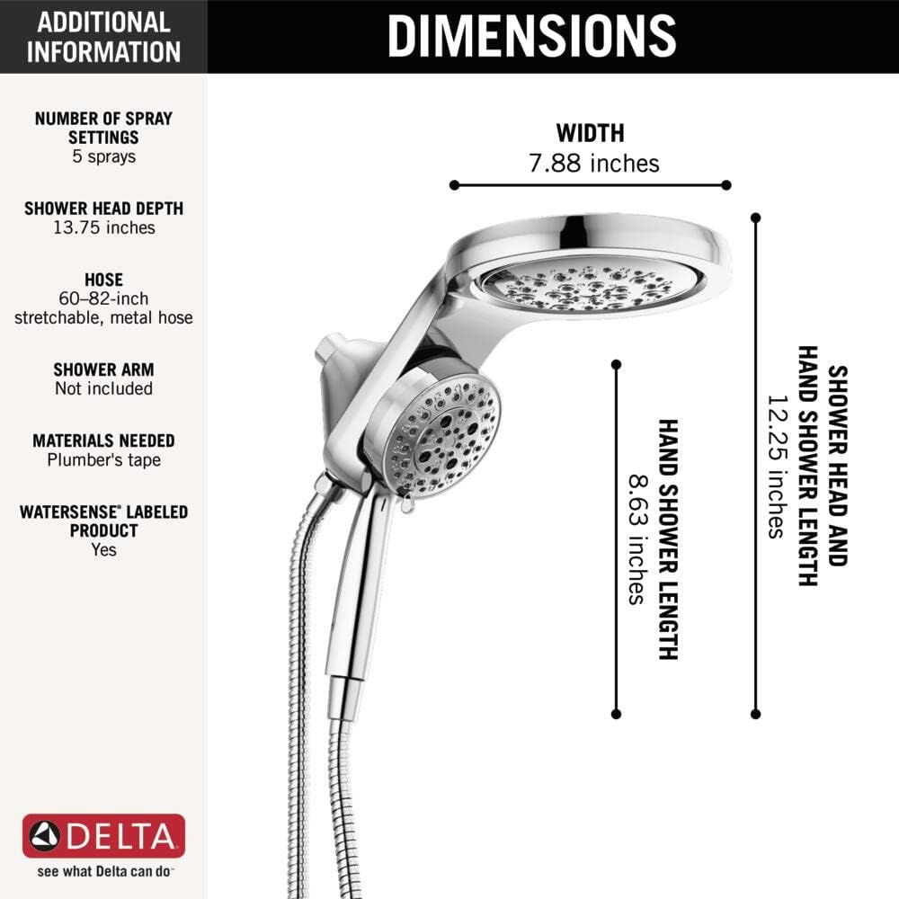 Delta Faucet HydroRain 5-Spray H2Okinetic Dual Shower Head with Handheld Spray, Chrome Shower Head with Hose, Handheld Shower Heads, Detachable Shower Head, 1.75 GPM Flow Rate, Chrome 58680