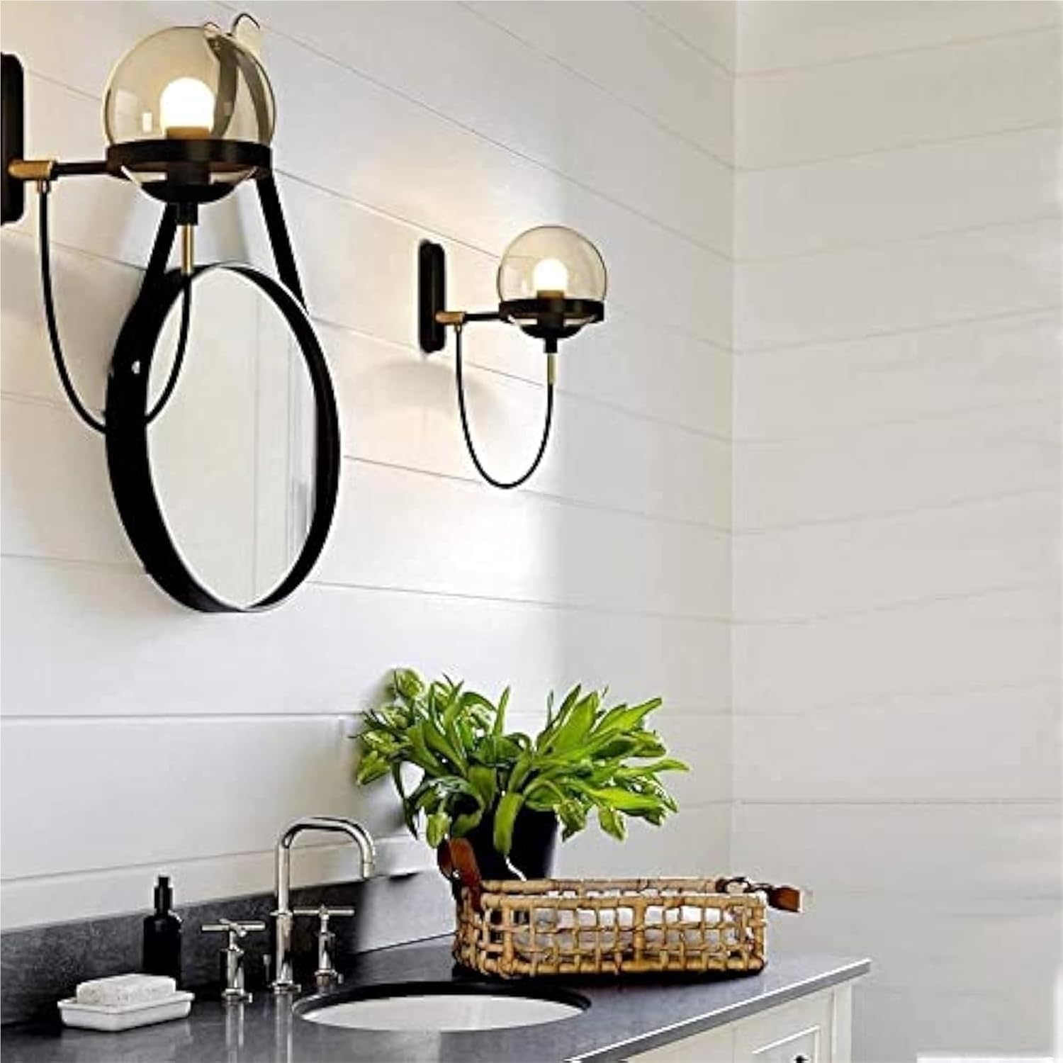 Wall Lamp PostGlass Ball Lights Fixture,E27 Retro Industrial Wrought Iron Mount Sconce Minimalist Aisle Lighting(Black)