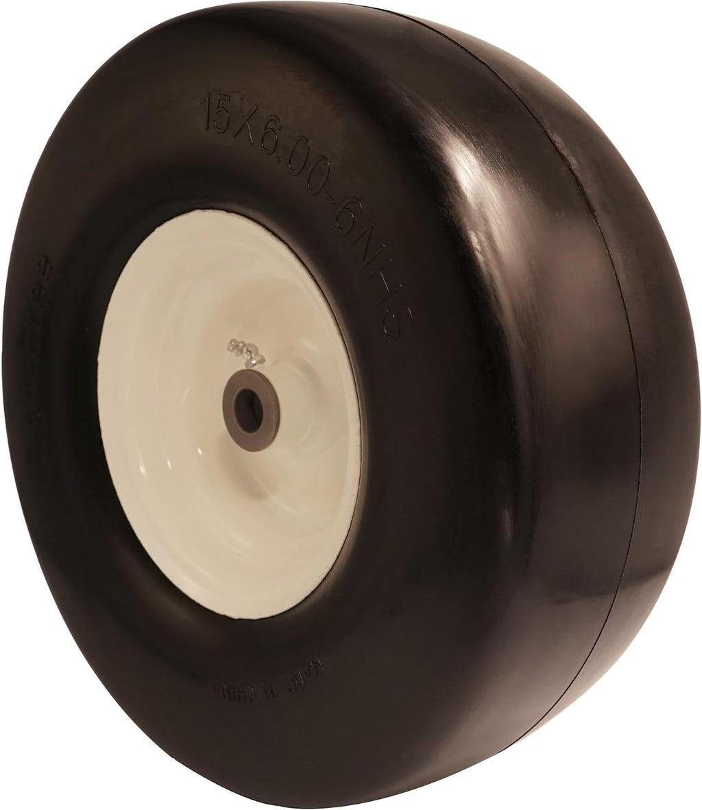 15x6.00-6 Flat Free Tire with 3/4' 5/8' & 1/2' Bushing for Zero Turn Lawn Mower, 3.0'-6.9'Center Hub Flat Free Lawnmower Tire and Wheel Assembly, Universal Fit 15 inch Solid Wheel for Garden Tractor