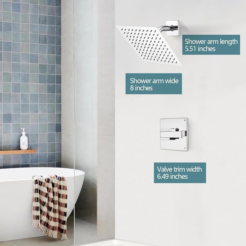 8' Rain Shower Faucet for 13/14 Series Tub Trim Kit, High Pressure Square Rain Shower Head& Handle Set (Valve& Catridge Not Inclued) (Without Tub Spout, Chrome)