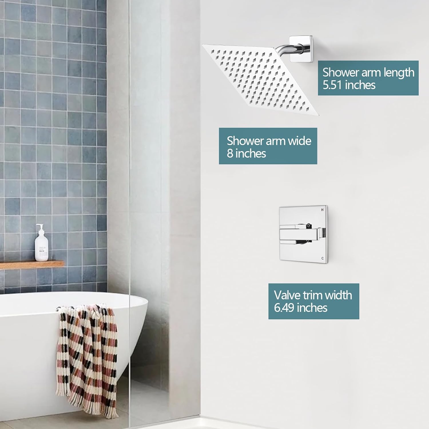 8' Rain Shower Faucet for 13/14 Series Tub Trim Kit, High Pressure Square Rain Shower Head& Handle Set (Valve& Catridge Not Inclued) (Without Tub Spout, Chrome)