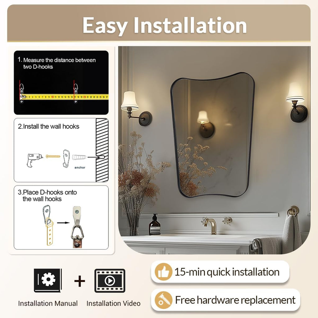 MIRRORART 24x32'' Black Irregular Mirrors for Bathroom | Premium Metal Frame Mirror Butturfly-Shaped Irregular Wall Mirrors Wall Mounted Vertical for Bathroom Remodel, HD Glass
