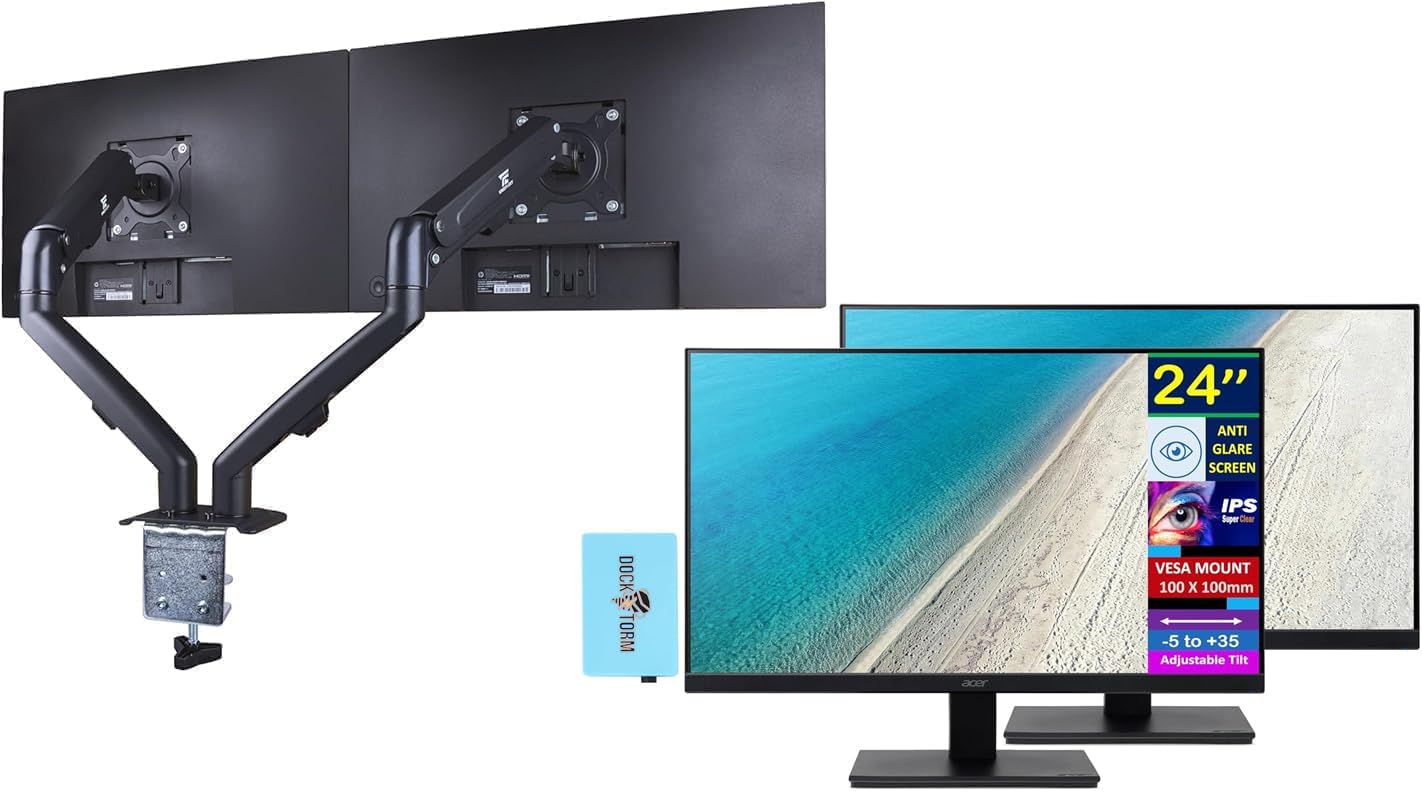acer 24' Vero FHD IPS Monitor with 4 ms Response Time, Anti-Glare, Adaptive Sync, Integrated Speakers, VESA Mount (100mm) & DKZ Hub, Black Color 2 Pack & ErgoFlexy Dual Monitor Mount