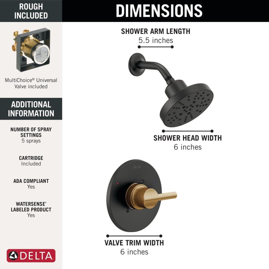 Delta Faucet Nicoli 14 Series Single-Handle Shower Faucet Trim Kit with 5-Spray H2Okinetic Shower Head and Widespread Bathroom Faucet in Black/Gold (Shower Valve Included)