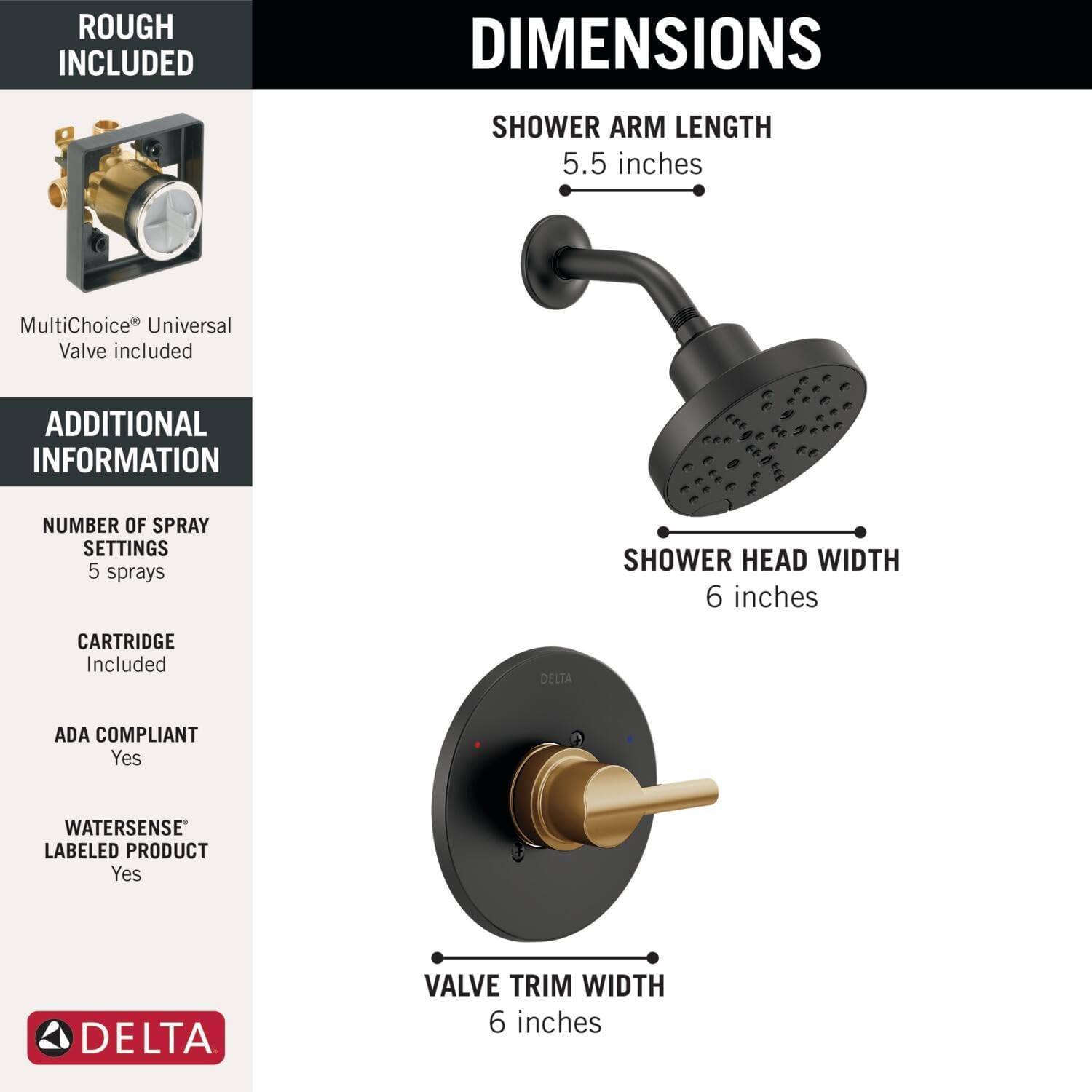Delta Faucet Nicoli 14 Series Single-Handle Shower Faucet Trim Kit with 5-Spray H2Okinetic Shower Head and Widespread Bathroom Faucet in Black/Gold (Shower Valve Included)